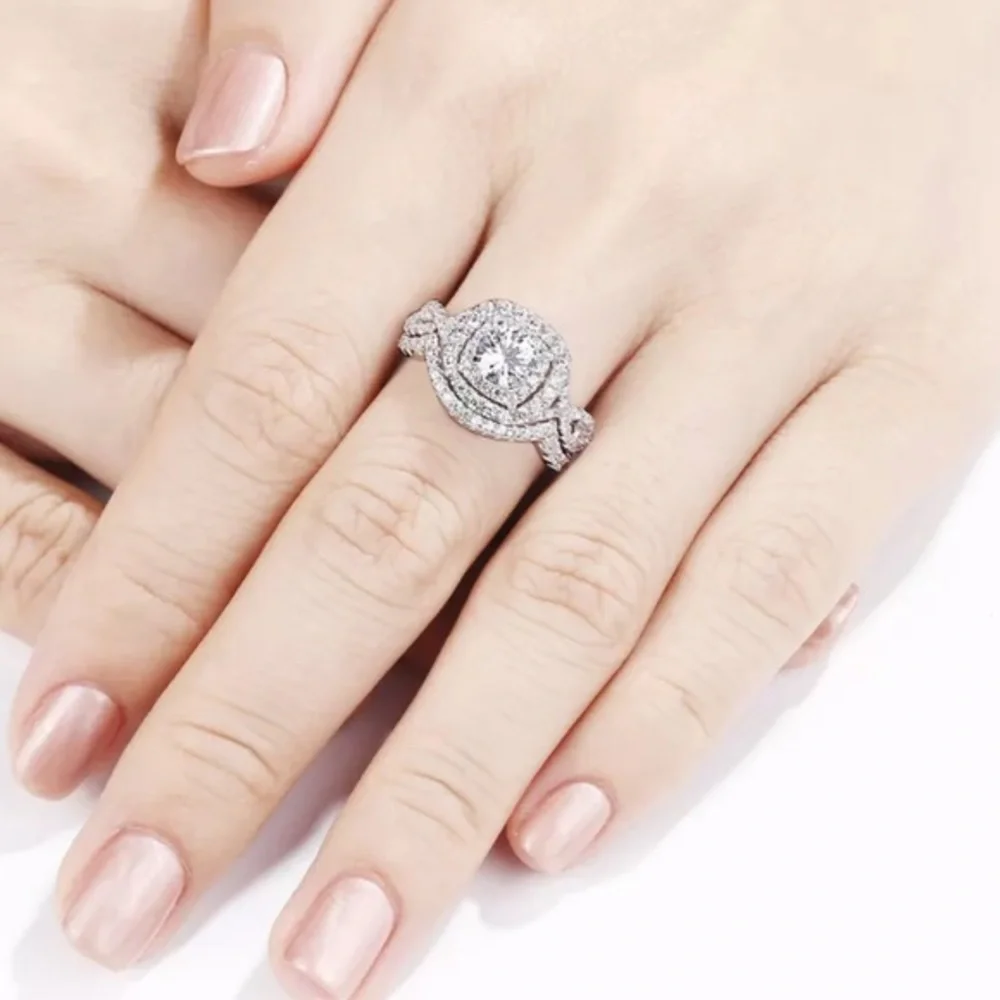 925 Sterling Silver Diamond Engagement Bridal Wedding 2 Band Ring Set Sz 5‎
